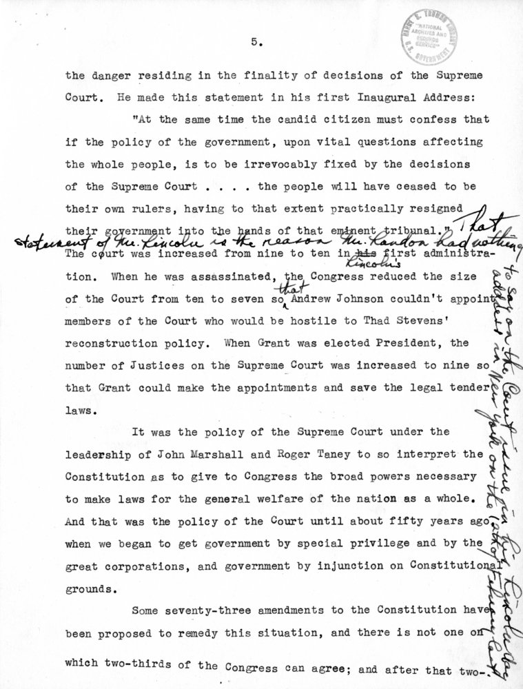 Draft of Speech of Senator Harry S. Truman at Kansas City, Missouri