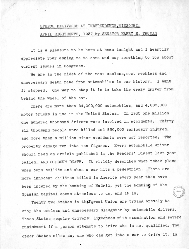 Draft of Speech Delivered by Senator Harry S. Truman at Independence, Missouri