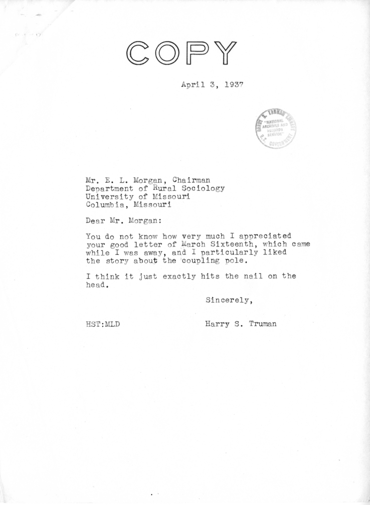 Correspondence Between Senator Harry S. Truman and E. L. Morgan