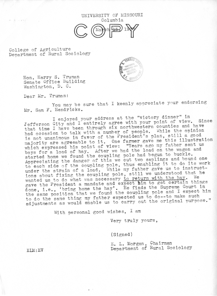 Correspondence Between Senator Harry S. Truman and E. L. Morgan