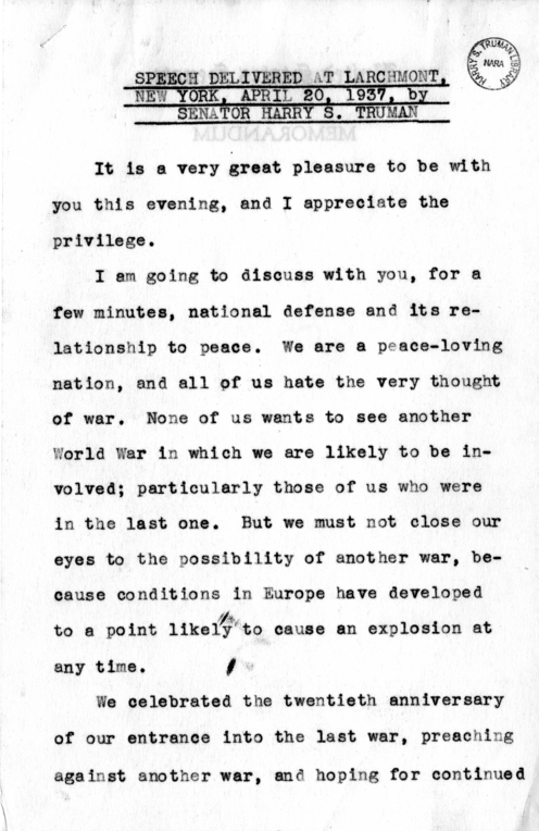 Speech of Senator Harry S. Truman Delivered at Larchmont, New York