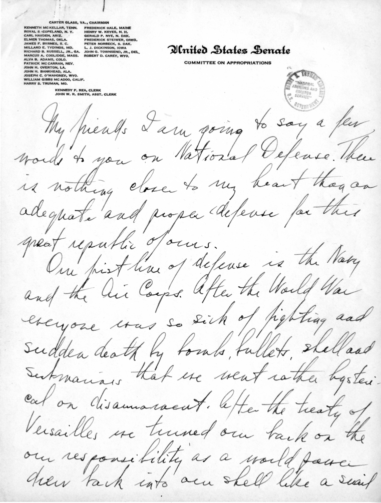 Handwritten Speech Draft of Senator Harry S. Truman