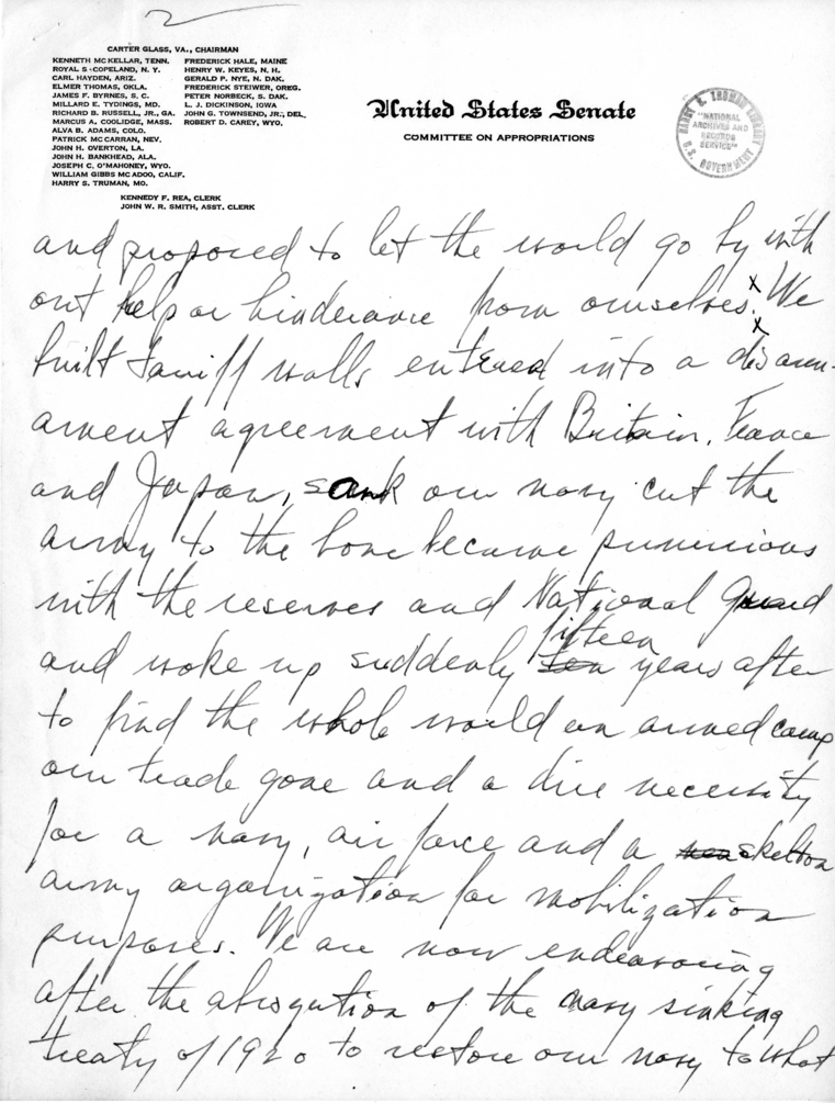 Handwritten Speech Draft of Senator Harry S. Truman