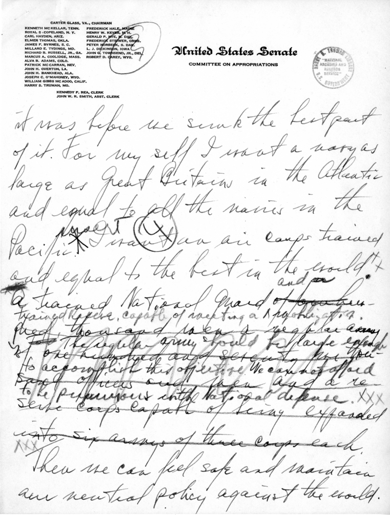 Handwritten Speech Draft of Senator Harry S. Truman