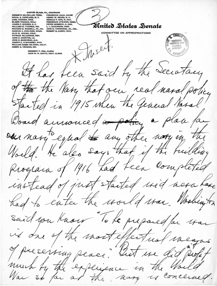 Handwritten Speech Draft of Senator Harry S. Truman