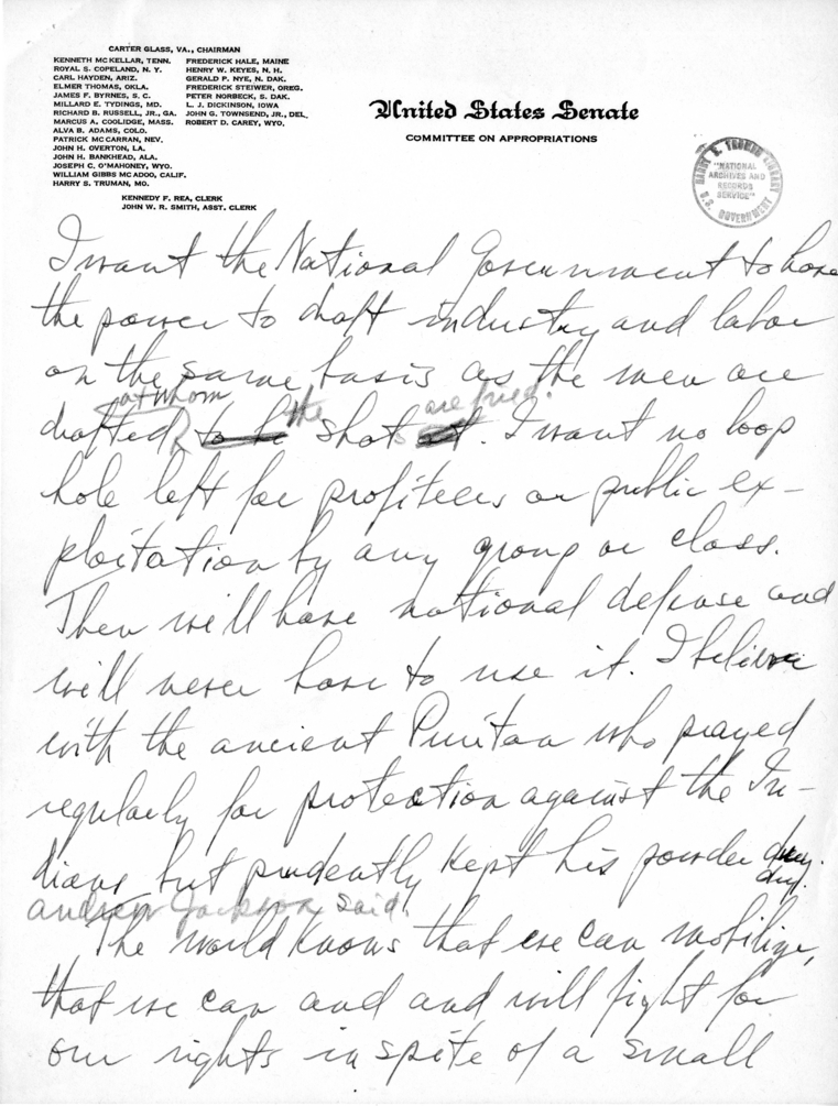 Handwritten Speech Draft of Senator Harry S. Truman