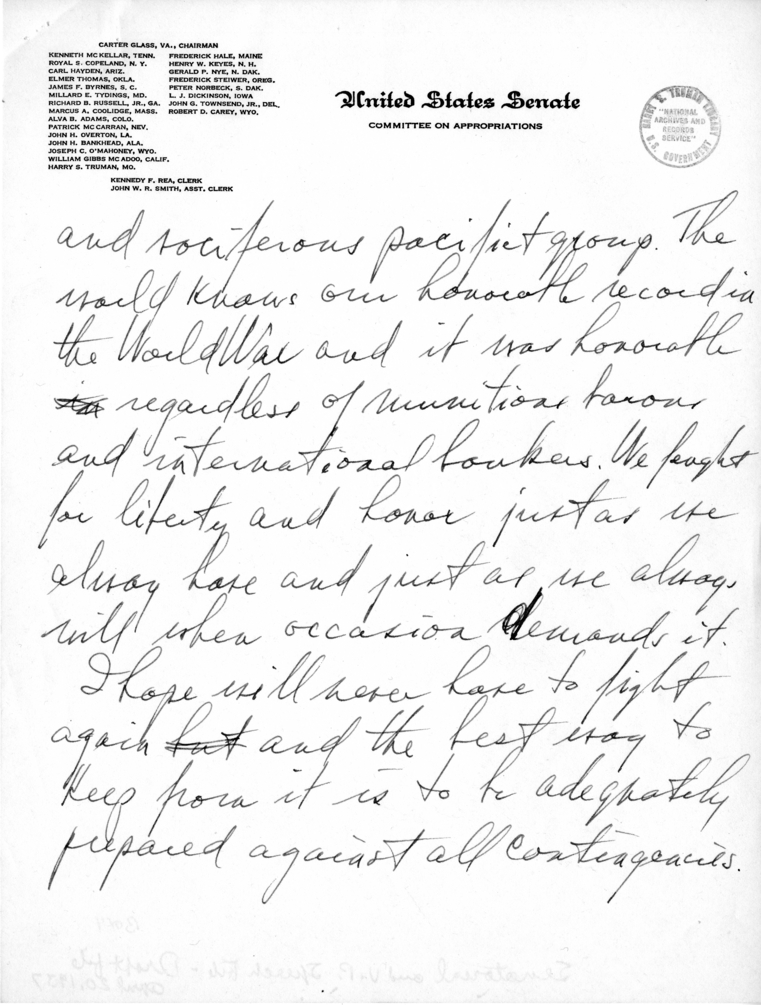 Handwritten Speech Draft of Senator Harry S. Truman