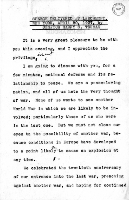 Speech Draft of Senator Harry S. Truman Delivered at Larchmont, New York