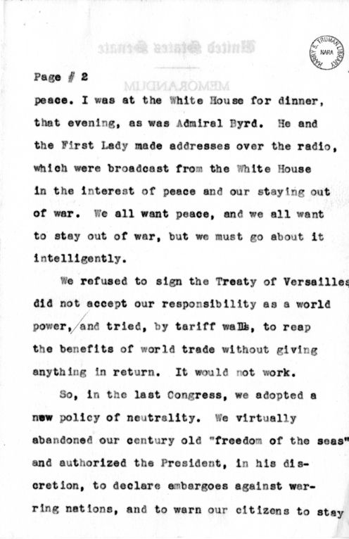 Speech Draft of Senator Harry S. Truman Delivered at Larchmont, New York