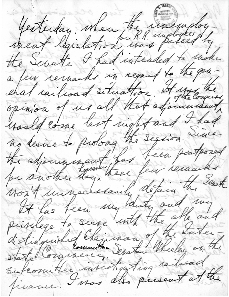 Handwritten Speech Draft of Senator Harry S. Truman