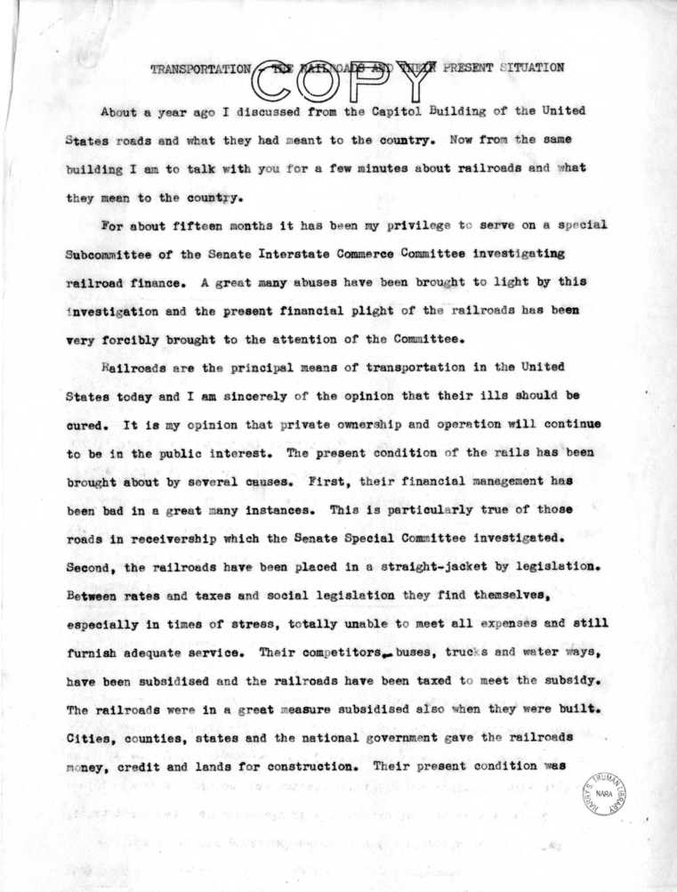 Speech Draft of Senator Harry S. Truman