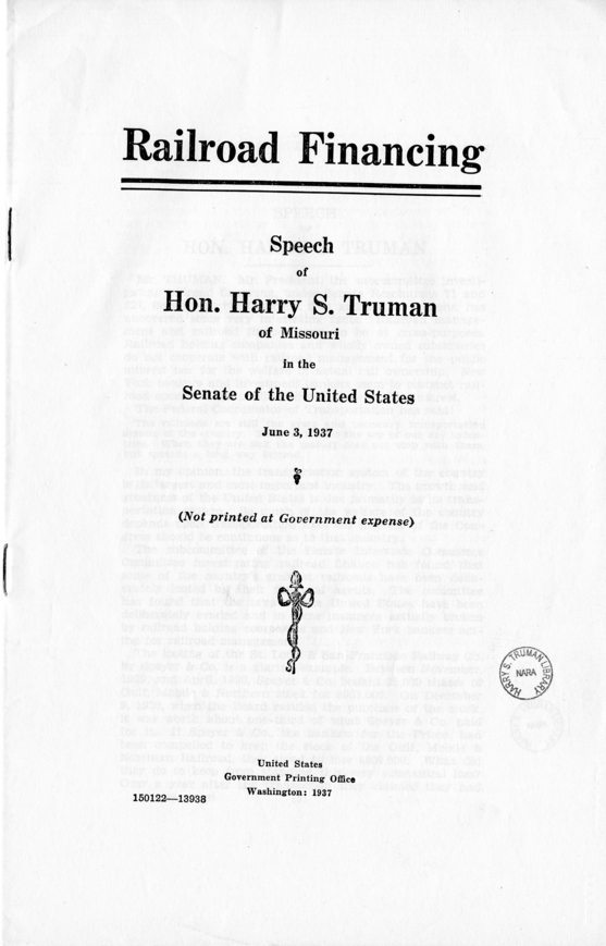 Speech of Senator Harry S. Truman in the United States Senate, Washington D.C.