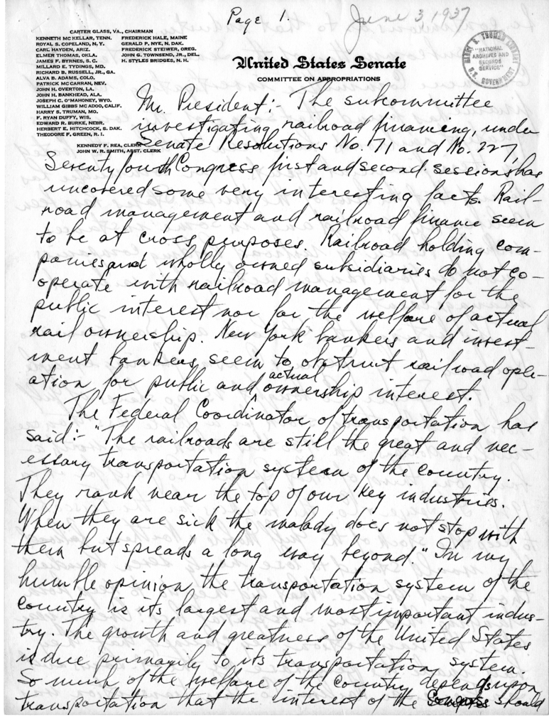 Handwritten Speech Draft of Senator Harry S. Truman