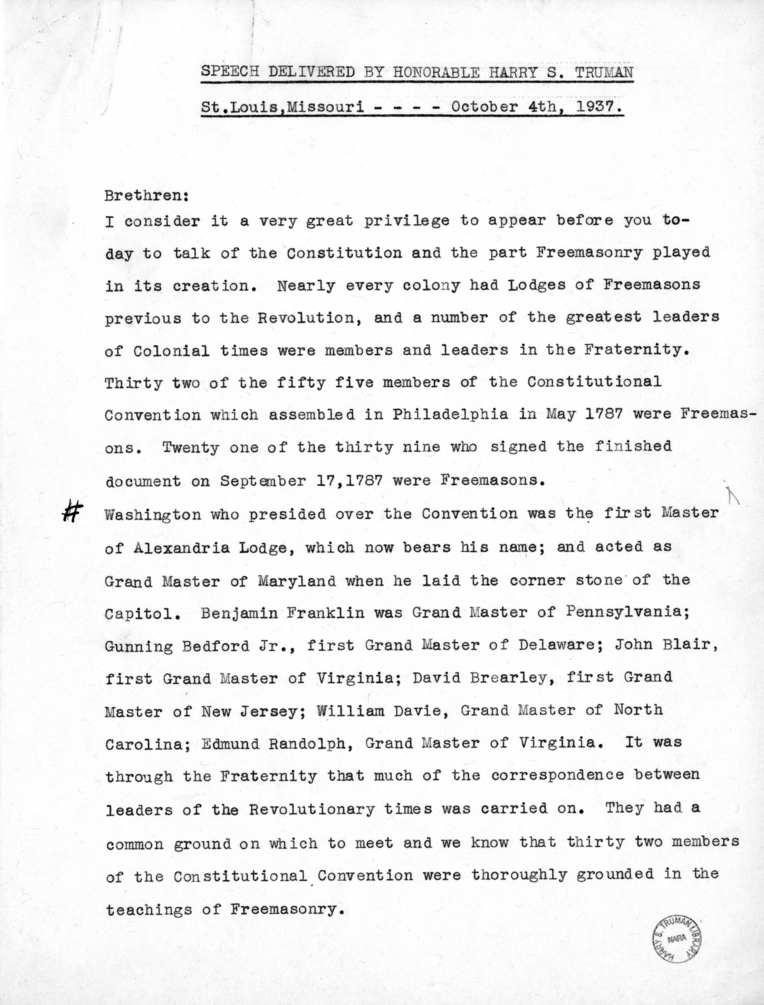 Speech of Senator Harry S. Truman delivered at St. Louis, Missouri