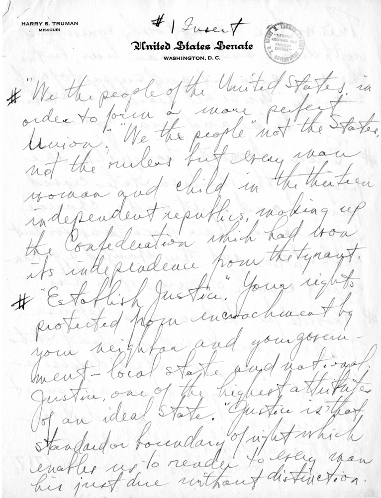 Handwritten Inserts and Fragments of Speech Delivered by Senator Harry S. Truman, St. Louis, Missouri