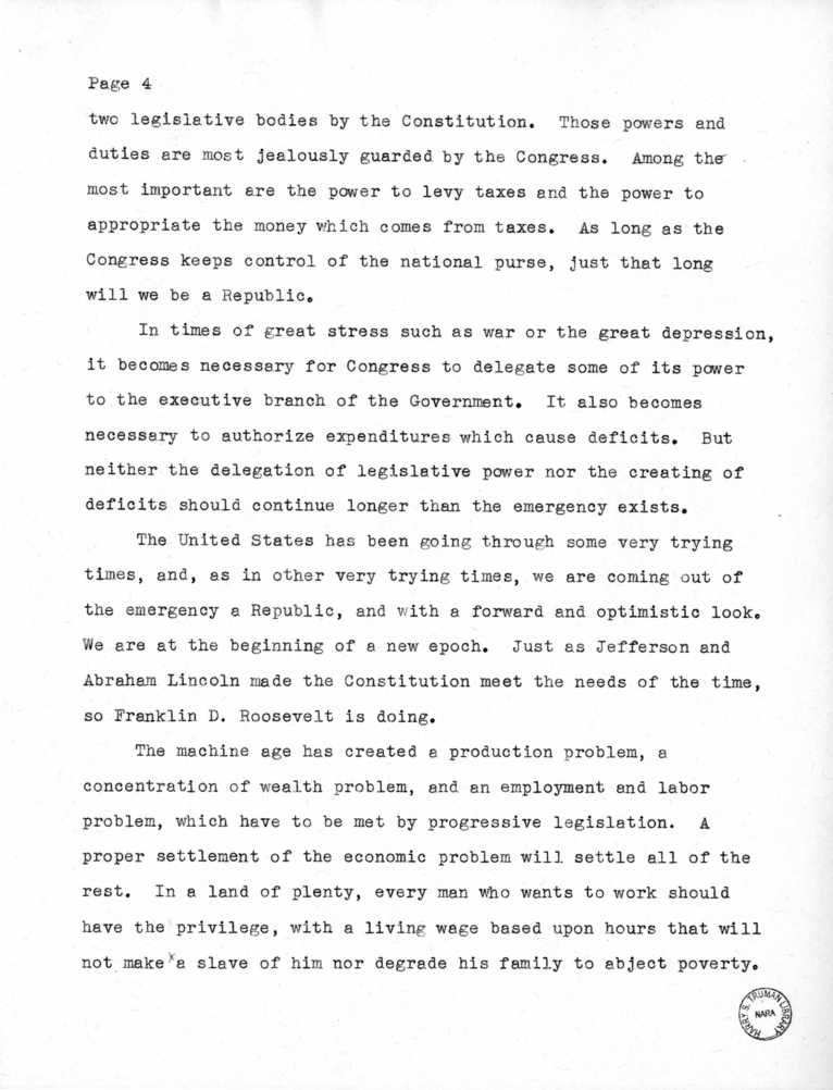 Speech of Senator Harry S. Truman at Liberty, Missouri