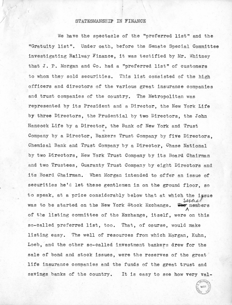 Draft Speech of Senator Harry S. Truman, "Statesmanship in Finance"