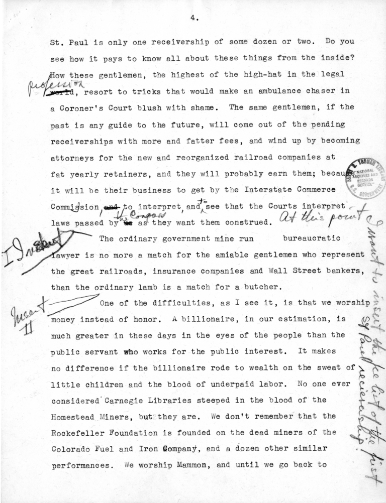 Draft Speech of Senator Harry S. Truman, "Statesmanship in Finance"