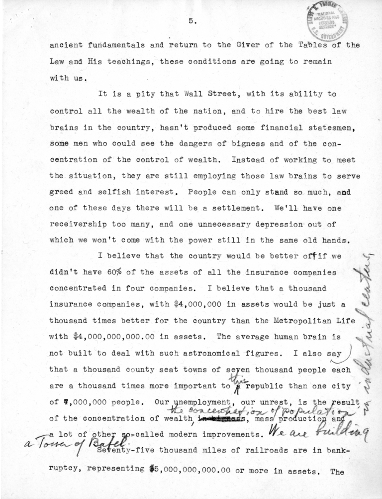 Draft Speech of Senator Harry S. Truman, "Statesmanship in Finance"