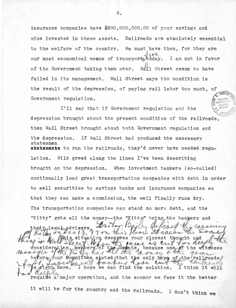 Draft Speech of Senator Harry S. Truman, "Statesmanship in Finance"