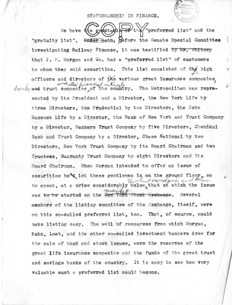 Draft Speech of Senator Harry S. Truman, "Statesmanship in Finance"