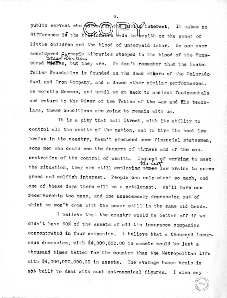 Draft Speech of Senator Harry S. Truman, "Statesmanship in Finance"