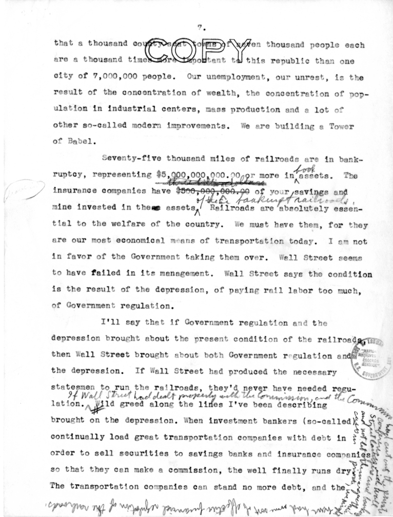 Draft Speech of Senator Harry S. Truman, "Statesmanship in Finance"