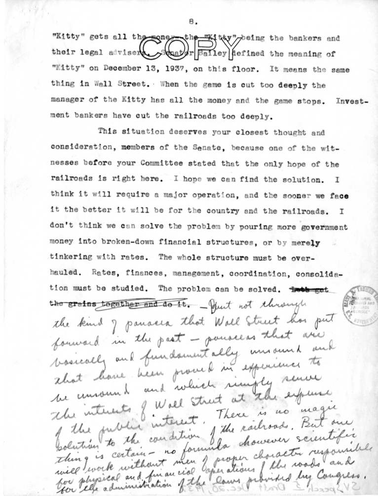 Draft Speech of Senator Harry S. Truman, "Statesmanship in Finance"