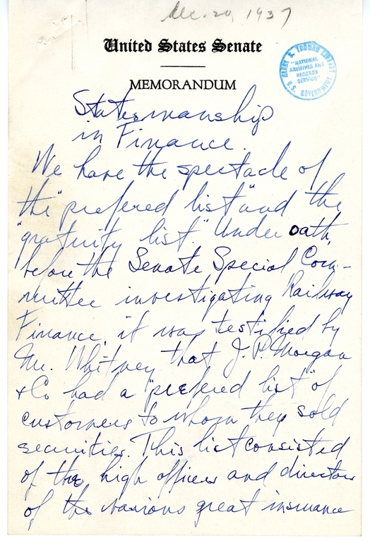 Handwritten Draft Speech of Senator Harry S. Truman, "Statesmanship in Finance"