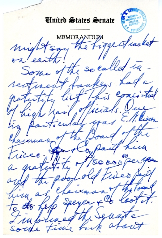 Handwritten Draft Speech of Senator Harry S. Truman, "Statesmanship in Finance"