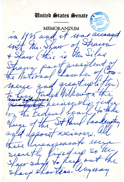 Handwritten Draft Speech of Senator Harry S. Truman, "Statesmanship in Finance"