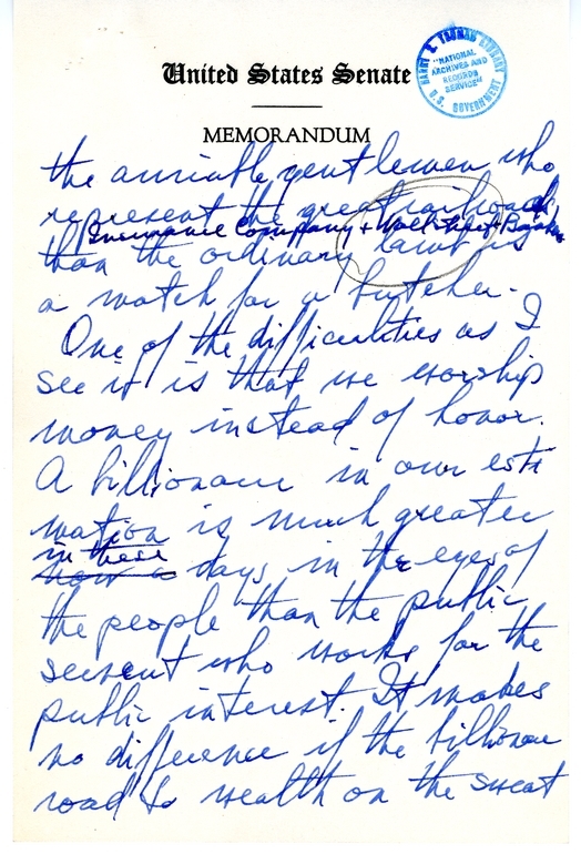 Handwritten Draft Speech of Senator Harry S. Truman, "Statesmanship in Finance"