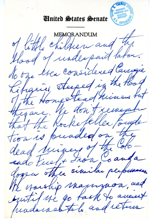 Handwritten Draft Speech of Senator Harry S. Truman, "Statesmanship in Finance"