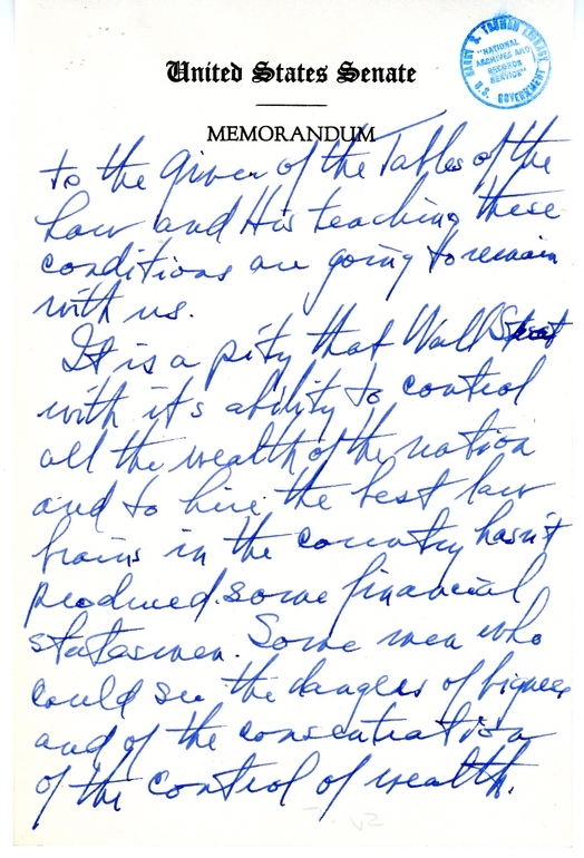 Handwritten Draft Speech of Senator Harry S. Truman, "Statesmanship in Finance"