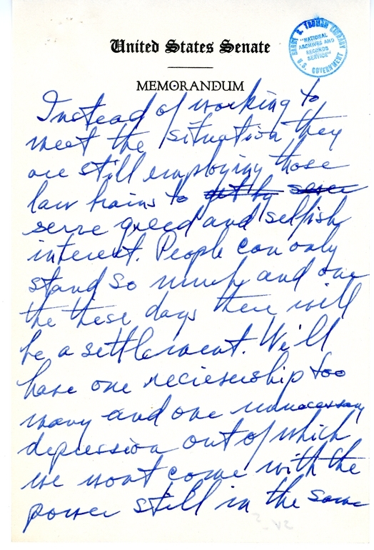 Handwritten Draft Speech of Senator Harry S. Truman, "Statesmanship in Finance"