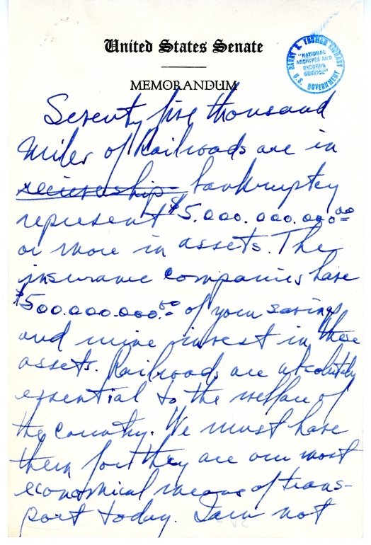 Handwritten Draft Speech of Senator Harry S. Truman, "Statesmanship in Finance"