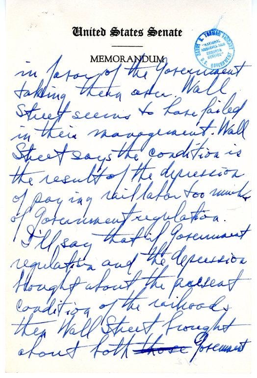 Handwritten Draft Speech of Senator Harry S. Truman, "Statesmanship in Finance"