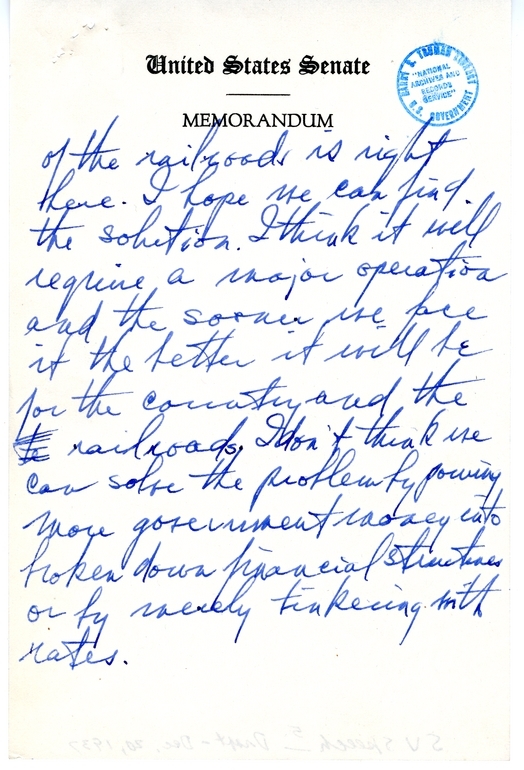 Handwritten Draft Speech of Senator Harry S. Truman, "Statesmanship in Finance"