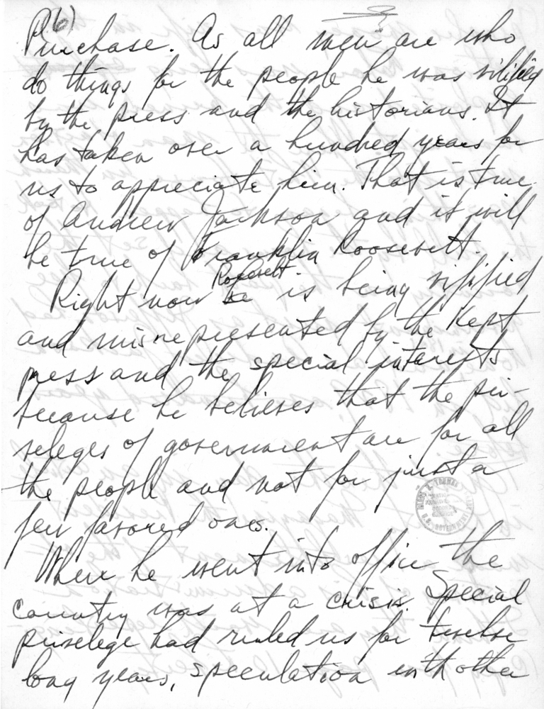 Handwritten Draft Speech of Senator Harry S. Truman to the Franklin D. Roosevelt Women's Club of Springfield, Missouri