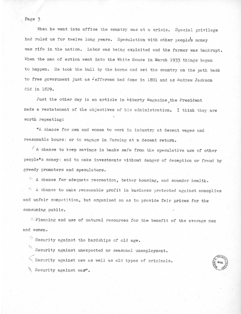 Draft Speech of Senator Harry S. Truman to the Franklin D. Roosevelt Women's Club of Springfield, Missouri