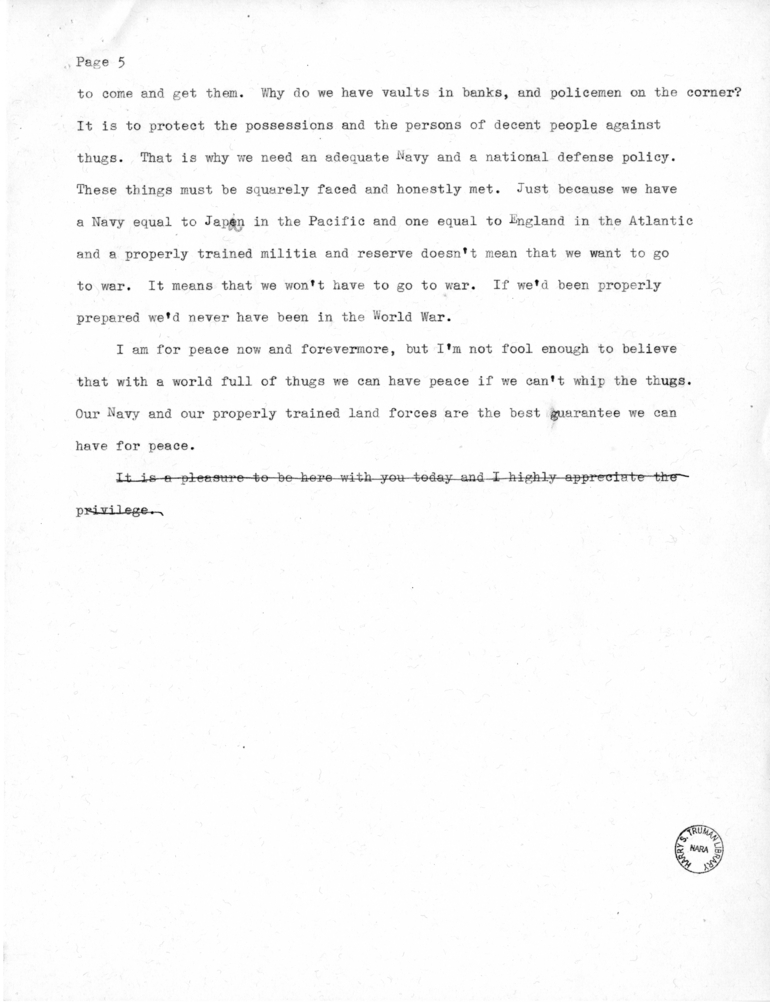 Draft Speech of Senator Harry S. Truman to the Franklin D. Roosevelt Women's Club of Springfield, Missouri