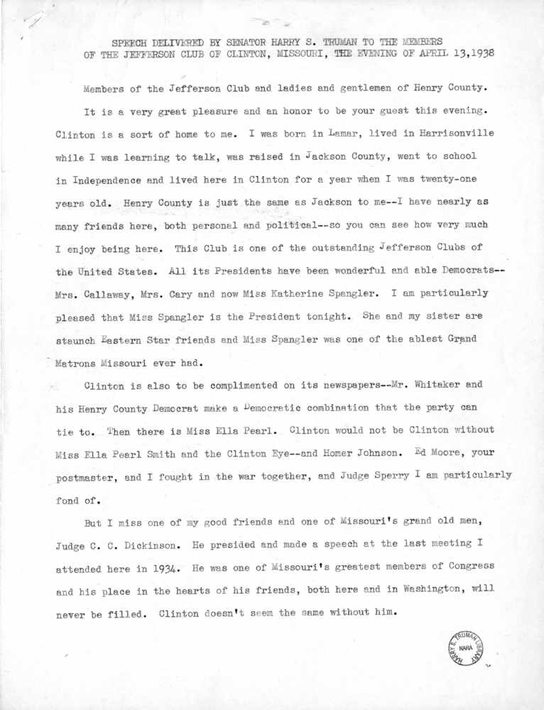 Speech Delivered by Senator Harry S. Truman to the Members of the Jefferson Club of Clinton, Missouri