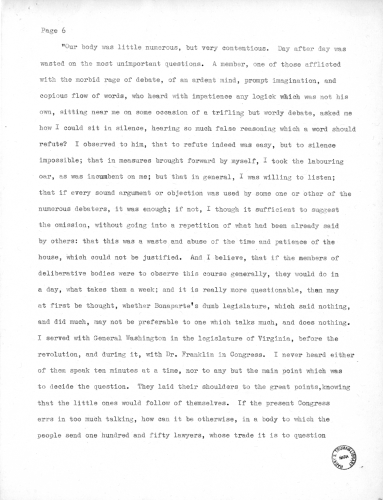 Speech Delivered by Senator Harry S. Truman to the Members of the Jefferson Club of Clinton, Missouri
