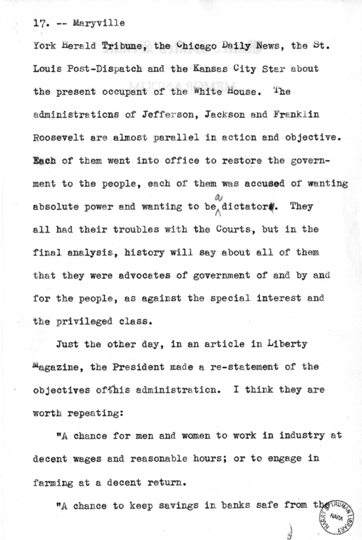 Draft Speech of Senator Harry S. Truman Delivered at Maryville, Missouri