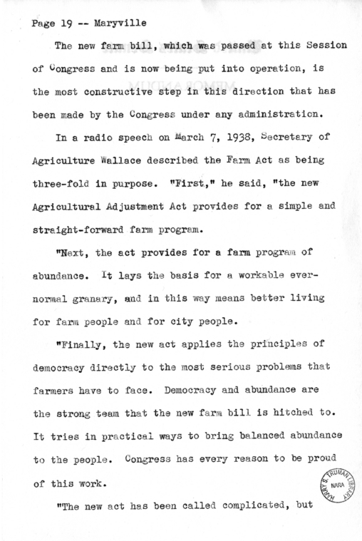 Draft Speech of Senator Harry S. Truman Delivered at Maryville, Missouri