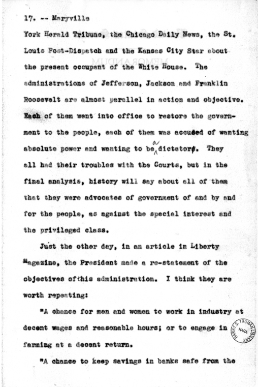 Speech of Senator Harry S. Truman at Maryville, Missouri