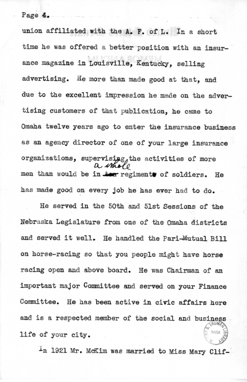 Draft Speech of Senator Harry S. Truman in Omaha, Nebraska