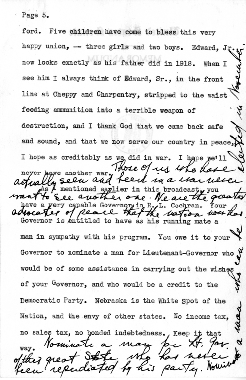 Draft Speech of Senator Harry S. Truman in Omaha, Nebraska