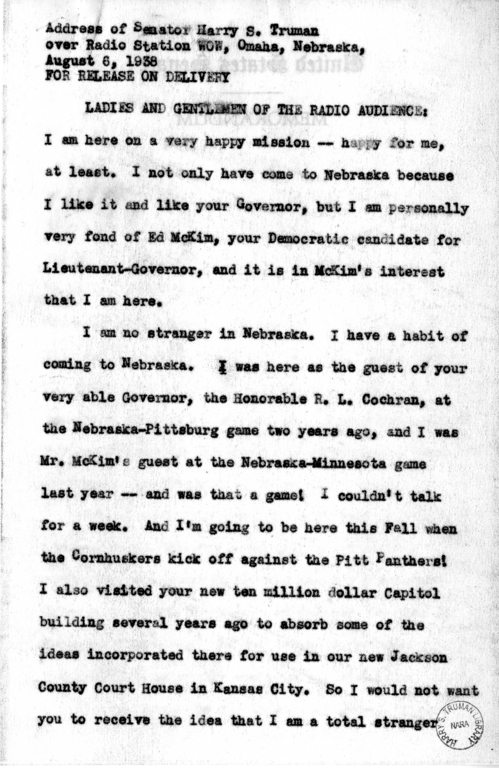 Speech Draft of Senator Harry S. Truman at Omaha, Nebraska