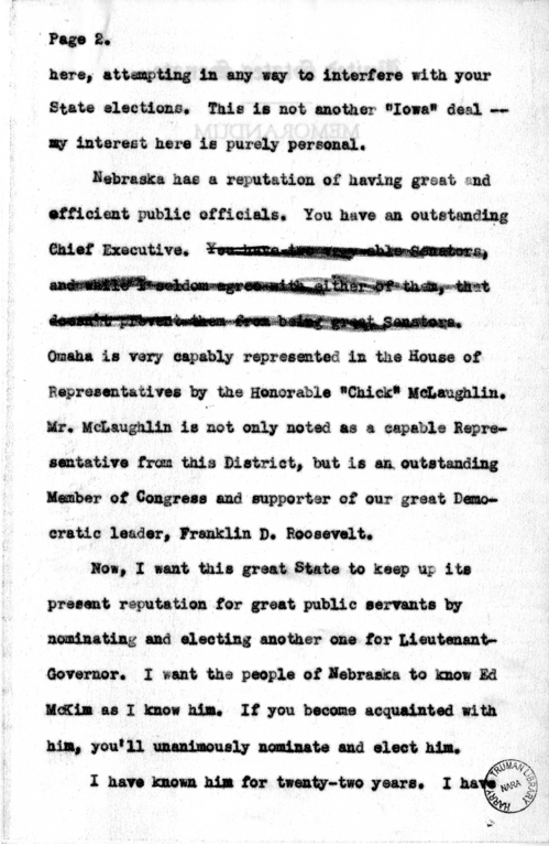 Speech Draft of Senator Harry S. Truman at Omaha, Nebraska